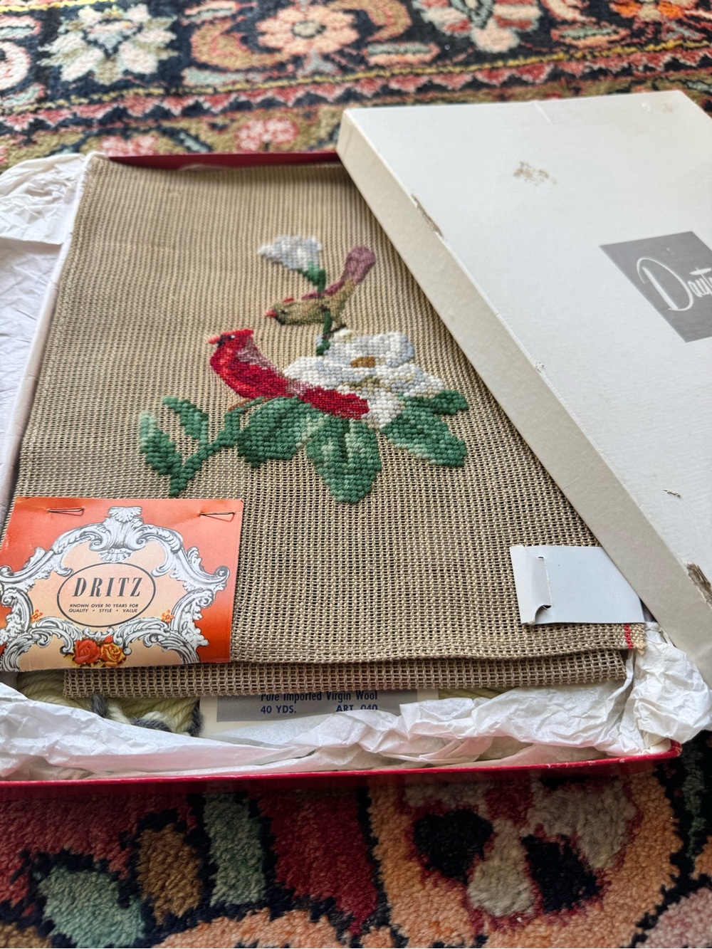 VINTAGE Pre-worked Needlepoint Canvas Lot - Dritz Cardinal Bucilla Pansy w/yarn
